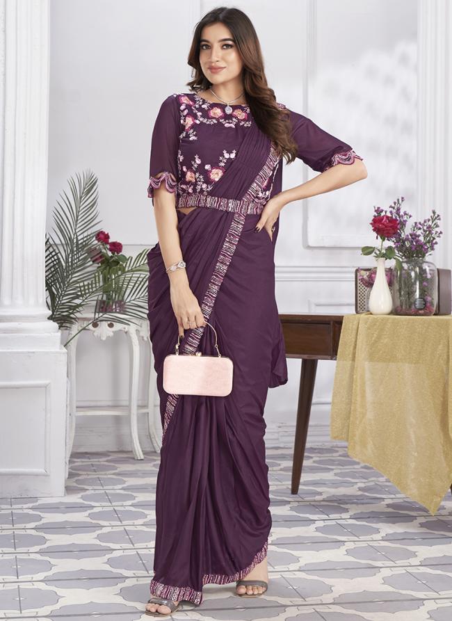 Shimmer Georgette Wine Party Wear Embroidery Work Ready To Wear Saree